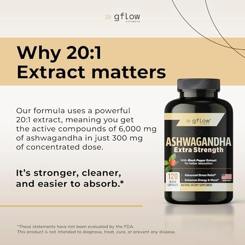 gflow vitamins Suplementos de Ashwagandha para mujeres y hombres 6000mg | Apoyo para el sueño, el estado de ánimo y la energía | Fuerza extra, amigable con veganos, sin OMG, fabricado en EE. UU