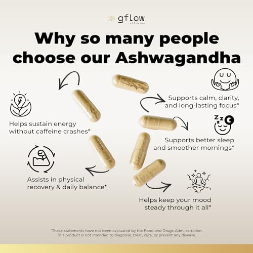 gflow vitamins Suplementos de Ashwagandha para mujeres y hombres 6000mg | Apoyo para el sueño, el estado de ánimo y la energía | Fuerza extra, amigable con veganos, sin OMG, fabricado en EE. UU