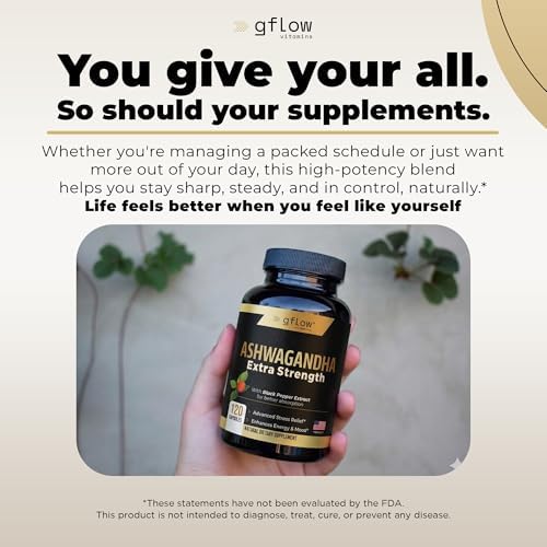 gflow vitamins Suplementos de Ashwagandha para mujeres y hombres 6000mg | Apoyo para el sueño, el estado de ánimo y la energía | Fuerza extra, amigable con veganos, sin OMG, fabricado en EE. UU