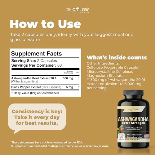 gflow vitamins Suplementos de Ashwagandha para mujeres y hombres 6000mg | Apoyo para el sueño, el estado de ánimo y la energía | Fuerza extra, amigable con veganos, sin OMG, fabricado en EE. UU