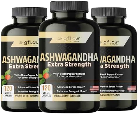 gflow vitamins Suplementos de Ashwagandha para mujeres y hombres 6000mg | Apoyo para el sueño, el estado de ánimo y la energía | Fuerza extra, amigable con veganos, sin OMG, fabricado en EE. UU