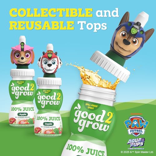 good2grow Jugo de manzana – Bebidas 100% de jugo para niños, jugo de fruta sin azúcar añadido, botellas de jugo de 6 onzas líquidas con tapas de personajes de la Patrulla Canina a prueba de derrames