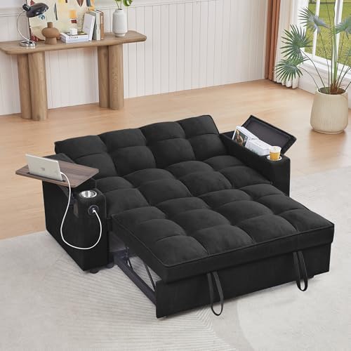 hansones 65 3 in 1 Folding Convertible Sofa Bed  Pullout Sofa  Modern Chenille Fabric  360  Swivel Side Table  Easy Assembly  Perfect for Living Room  Black