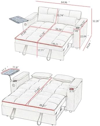 hansones 65 3 in 1 Folding Convertible Sofa Bed  Pullout Sofa  Modern Chenille Fabric  360  Swivel Side Table  Easy Assembly  Perfect for Living Room  Black