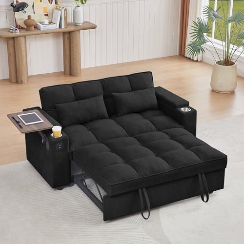 hansones 65 3 in 1 Folding Convertible Sofa Bed  Pullout Sofa  Modern Chenille Fabric  360  Swivel Side Table  Easy Assembly  Perfect for Living Room  Black