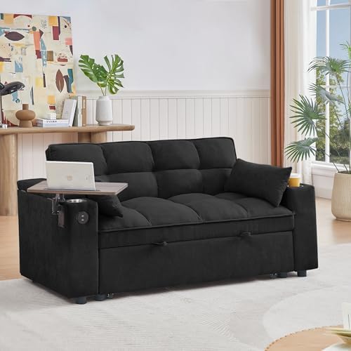 hansones 65 3 in 1 Folding Convertible Sofa Bed  Pullout Sofa  Modern Chenille Fabric  360  Swivel Side Table  Easy Assembly  Perfect for Living Room  Black
