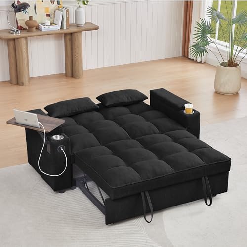 hansones 65 3 in 1 Folding Convertible Sofa Bed  Pullout Sofa  Modern Chenille Fabric  360  Swivel Side Table  Easy Assembly  Perfect for Living Room  Black