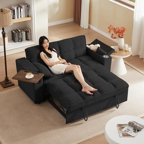 hansones 65 3 in 1 Folding Convertible Sofa Bed  Pullout Sofa  Modern Chenille Fabric  360  Swivel Side Table  Easy Assembly  Perfect for Living Room  Black