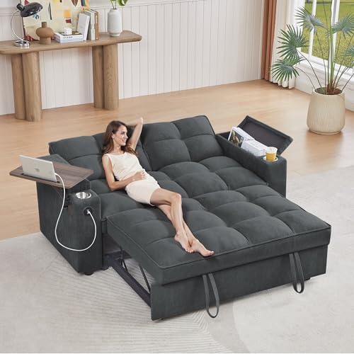 hansones 65 3 in 1 Folding Convertible Sofa Bed  Pullout Sofa  Modern Chenille Fabric  360  Swivel Side Table  Easy Assembly  Perfect for Living Room  Black