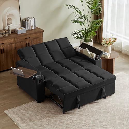 hansones 65 3 in 1 Folding Convertible Sofa Bed  Pullout Sofa  Modern Chenille Fabric  360  Swivel Side Table  Easy Assembly  Perfect for Living Room  Black