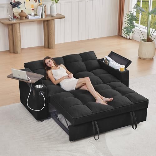 hansones 65 3 in 1 Folding Convertible Sofa Bed  Pullout Sofa  Modern Chenille Fabric  360  Swivel Side Table  Easy Assembly  Perfect for Living Room  Black