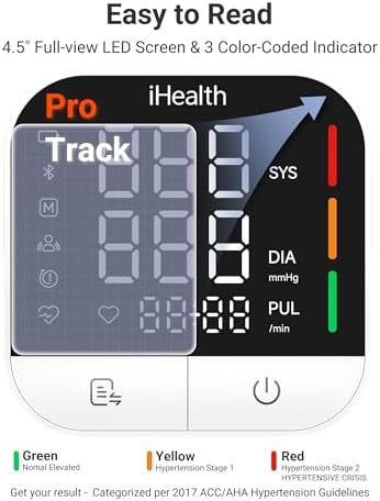 iHealth Track Pro Upper Arm Blood Pressure Monitor  Full View LED Screen   Body & Cuff Detection  App Enabled for iOS & Android  Adjustable Cuff Large Adults Arm Friendly