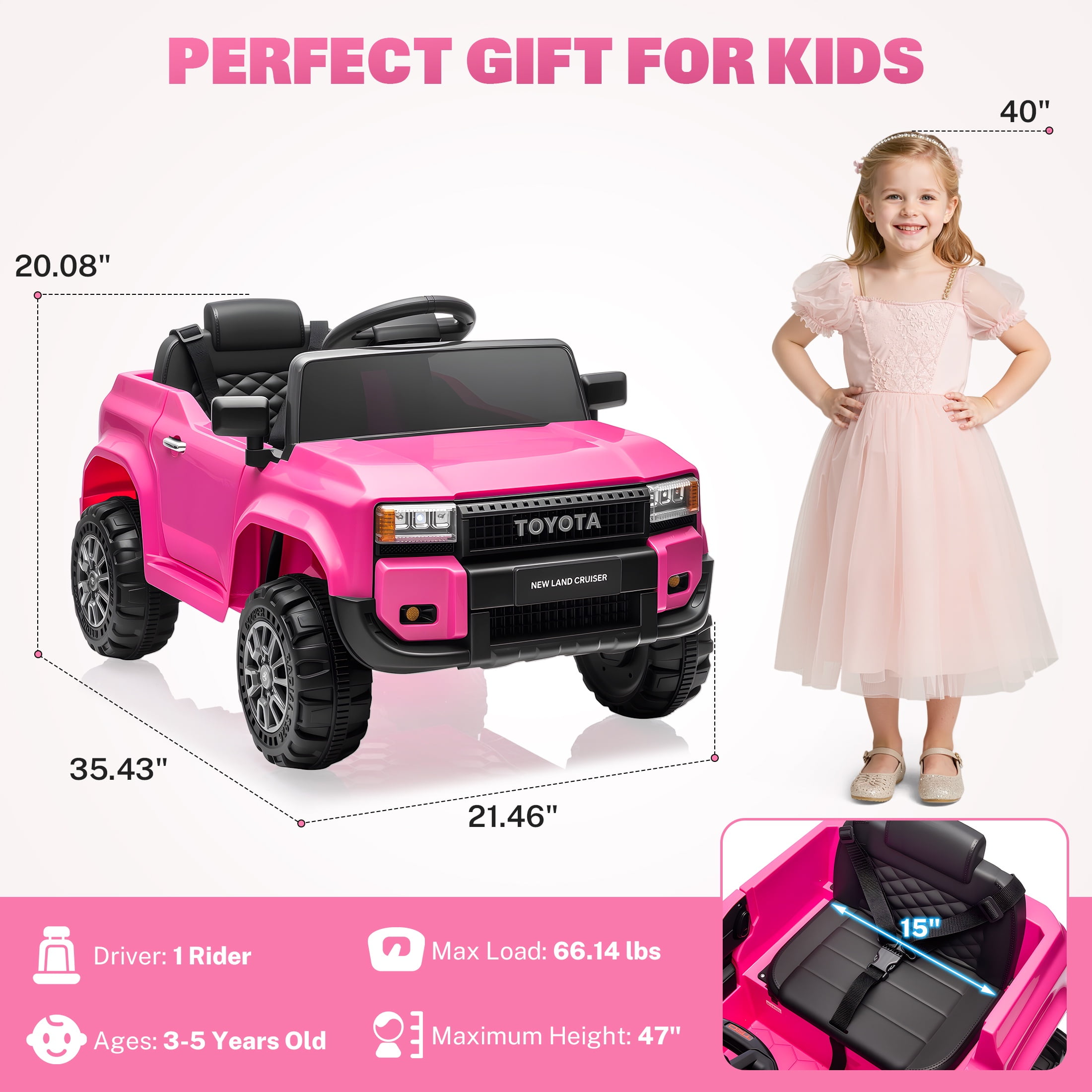 iRerts 12V Electric Ride on Cars  Ride on Toys for Toddlers with Remote Control  Bluetooth  Music  USB Ports  LED Light  4 Wheel Suspension  Kids Electric Car for Girls Boys Gifts Ages 2 5  Pink