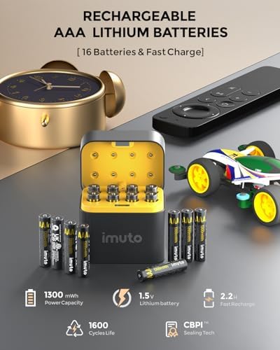 imuto Rechargeable AAA Batteries Lithium 16 Pack with Fast Charger 1300mWh 1 5V Constant Output Triple a Lithium Batteries 1600 Cycles Long Lasting