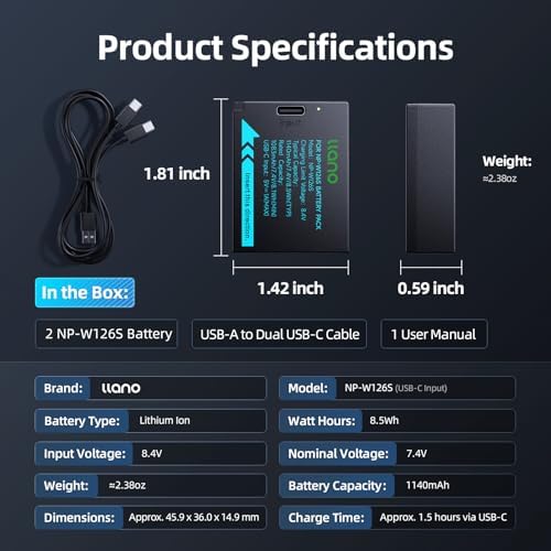 llano 2 Pack USB C NP W126S Battery  Fully decoded for Fujifilm XM5 X100VI X100V XS10 XT30II XT30 XT20 XE4 A5 Cameras  1140mAh Capacity  Fast Rechargeable