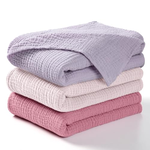 lulumoon Muslin Swaddle Blanket Baby   Cotton Swaddling Blanket Soft Baby Receiving Blankets Neutral 3Pack Pink Purple