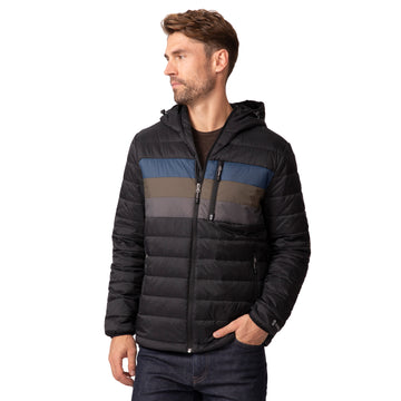 men s tri color hooded puffer jacket