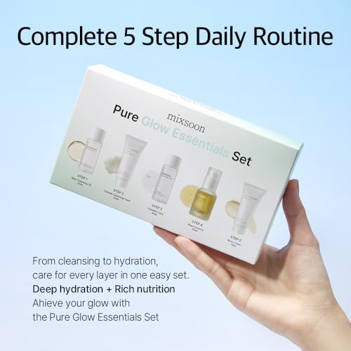 mixsoon Pure Glow Essentials - Juego de 5 pasos para el cuidado de la piel, suave e hidratante, para todo tipo de piel, 5 artículos de vidrio coreano para el cuidado de la piel, 29.57 onzas líquidas