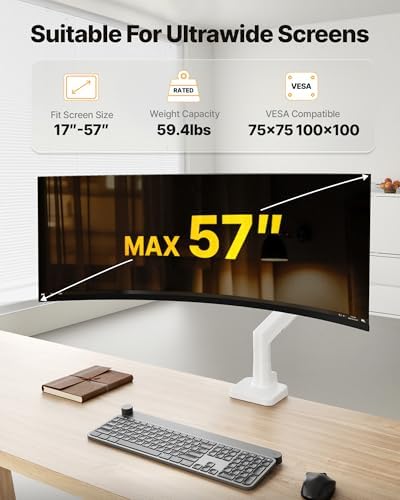 monTEK Sleek Aluminum Monitor Arm for 17 57  Ultrawide Screens up to 59 4 lbs  Heavy Duty Single Monitor Arm Desk Mount  Pneumatic Lift  Quick Release Plate  Clamp/Grommet  Max VESA 100x100