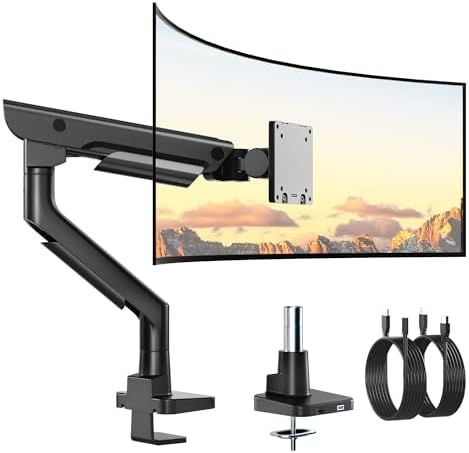 monTEK Sleek Aluminum Monitor Arm for 17 57  Ultrawide Screens up to 59 4 lbs  Heavy Duty Single Monitor Arm Desk Mount  Pneumatic Lift  Quick Release Plate  Clamp/Grommet  Max VESA 100x100