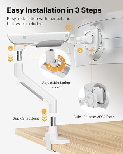 monTEK Sleek Aluminum Monitor Arm for 17 57  Ultrawide Screens up to 59 4 lbs  Heavy Duty Single Monitor Arm Desk Mount  Pneumatic Lift  Quick Release Plate  Clamp/Grommet  Max VESA 100x100
