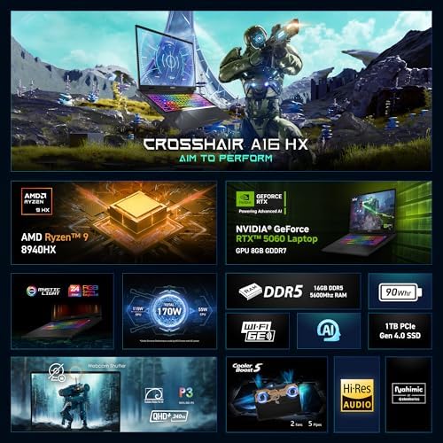 msi Crosshair A16 HX 16  QHD  240Hz Gaming Laptop   AMD Ryzen 9 8940HX  NVIDIA GeForce RTX 5060  16GB DDR5  1TB NVMe SSD  Wi Fi 6E  USB C  Windows 11 D8WFKG 090US