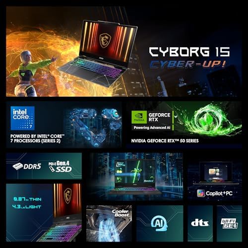 msi Cyborg 15 Thin & Light Gaming Laptop 15 6  FHD 144Hz   RTX 5060  Intel Core 5 210H  16GB DDR5  512GB SSD  Wi Fi 6E  Windows 11  B2RWFKG 295US