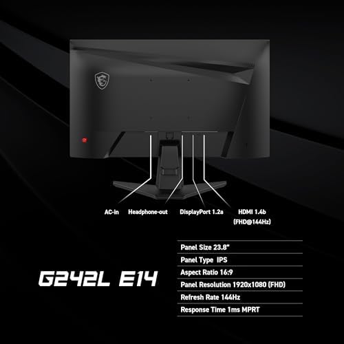msi G242L E14 24 inch 1920 x 1080  FHD  Gaming Monitor  144Hz  AMD FreeSync  HDMI  DisplayPort  VESA  Tilt  Height Adjustable  Speaker  1ms  Black