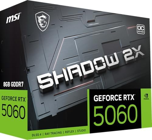 msi Gaming RTX 5060 8G Shadow 2X OC Graphics Card  8GB GDDR7 128 bit  Extreme Performance  2535 MHz  DisplayPort x3 2 1a  HDMI 2 1b  NVIDIA Blackwell Architecture