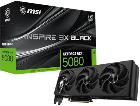 msi Gaming RTX 5080 16G Inspire 3X OC Black Graphics Card  16GB GDDR7  256 bit  Extreme Clock 2655 MHz  DisplayPort x 3 2 1a  HDMI 2 1b  NVIDIA Blackwell Architecture 