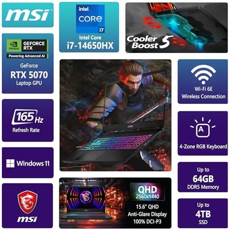 msi Katana 15 HX Gaming Laptop   15 6 QHD 165Hz 100  DCI P3   Intel Core i7 14650HX  >i9 12900H    32GB DDR5 2TB SSD   GeForce RTX 5070  Up to 798 AI Tops    RGB Keyboard Win11 Pro w/DLCA Accessory