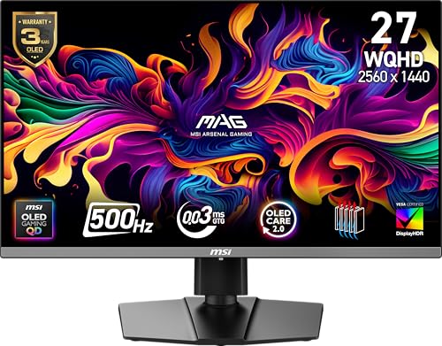 msi MAG 272QP QD OLED X50 26 5 inch 2560 x 1440  WQHD  Gaming Monitor  500Hz  AMD Adaptive Sync  HDR Ready  HDMI  VGA Port  VESA Mountable  Tilt  4 Side Slim Bezel  0 03ms  Black