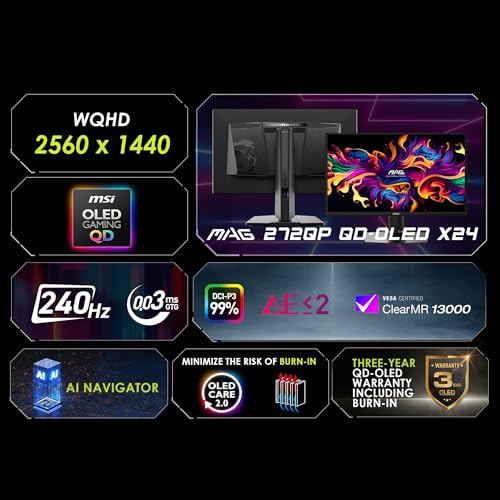 msi MAG 272QP QD OLED X24 27 inch 2560 x 1440  QHD  Gaming Monitor  240Hz  Adaptive Sync  HDMI  DisplayPort  VESA Mountable  Tilt  Height Adjustable  Speaker  0 03ms  Black