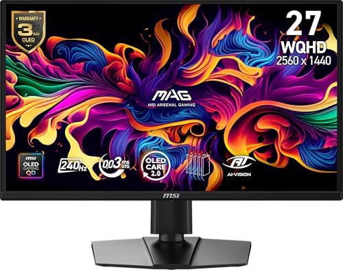 msi MAG 272QP QD OLED X24 27 Inch WQHD Gaming Monitor  2560 x 1440 Quantum Dot OLED Panel  240Hz  0 03ms  Adaptive Sync  HDMI2 1  DP 1 4a  Tilt/Height Adjustable  Black