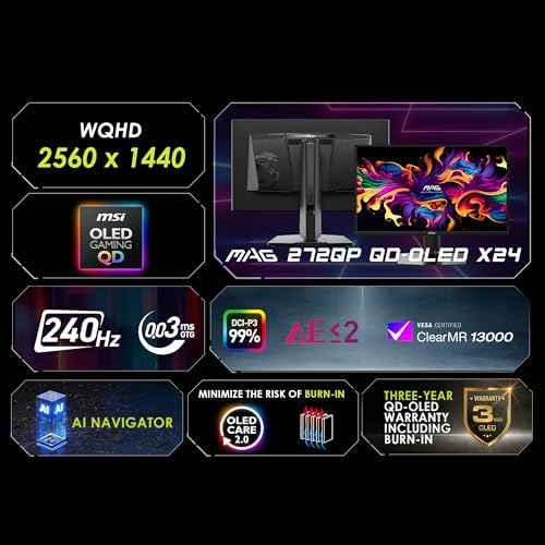 msi MAG 272QP QD OLED X24 27 Inch WQHD Gaming Monitor  2560 x 1440 Quantum Dot OLED Panel  240Hz  0 03ms  Adaptive Sync  HDMI2 1  DP 1 4a  Tilt/Height Adjustable  Black