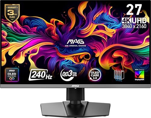 msi MAG 272UP QD OLED X24 26 5 inch 3840 x 2160  UHD  Gaming Monitor  240Hz  AMD Adaptive Sync  HDR Ready  HDMI  VGA Port  VESA Mountable  Tilt  4 Side Slim Bezel  0 03ms  Black