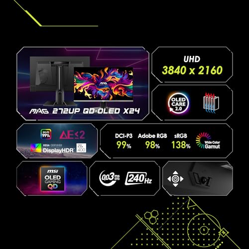 msi MAG 272UP QD OLED X24 26 5 inch 3840 x 2160  UHD  Gaming Monitor  240Hz  AMD Adaptive Sync  HDR Ready  HDMI  VGA Port  VESA Mountable  Tilt  4 Side Slim Bezel  0 03ms  Black