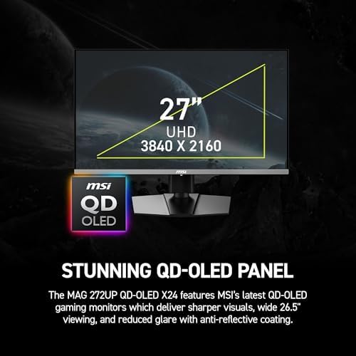 msi MAG 272UP QD OLED X24 27 Inch 4K UHD Gaming Monitor  3840 x 2160  Quantum Dot OLED Panel  240Hz  0 03ms  DisplayHDR True Black 400  AMD FreeSync  Premium Pro  USB C  15W PD   Frame Less  Black