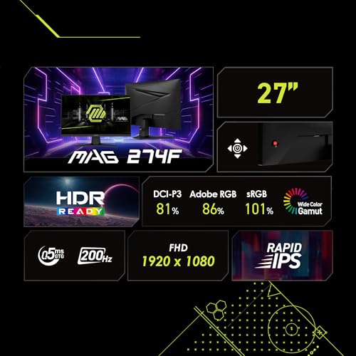 msi MAG 274F 27 inch 1920 x 1080  FHD  Gaming Office Monitor  200Hz  Adaptive Sync  HDR Ready  HDMI  VGA Port  VESA Mountable  Tilt  4 Side Slim Bezel 0 5ms  Black