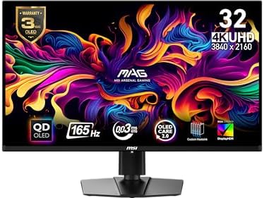 msi MAG 321UP QD OLED 32 inch QD OLED 3840 x 2160  UHD  Computer Monitor  165Hz  AMD FreeSync Premium Pro  HDMI 2 1  Display Port 1 4a  VESA Mountable  Tilt  Height Adjustable 0 03ms  Black