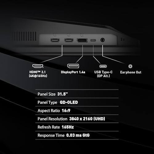 msi MAG 321UP QD OLED 32 inch QD OLED 3840 x 2160  UHD  Computer Monitor  165Hz  AMD FreeSync Premium Pro  HDMI 2 1  Display Port 1 4a  VESA Mountable  Tilt  Height Adjustable 0 03ms  Black