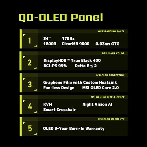 msi MAG 341CQP QD OLED  34 Curved OLED Gaming Monitor  3440 x 1440  UWQHD   0 03ms Response time  175Hz  True Black HDR 400  HDMI  DP Port  USB Type C  Tilt  Height  Black