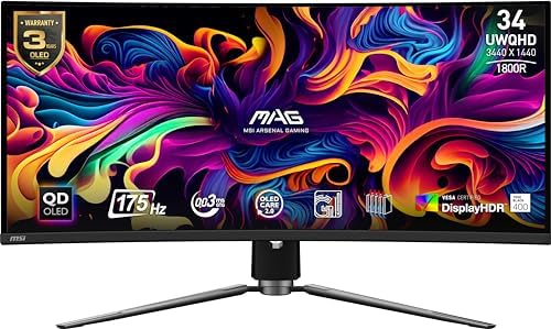 msi MAG 341CQP QD OLED  34 Curved OLED Gaming Monitor  3440 x 1440  UWQHD   0 03ms Response time  175Hz  Adaptive Sync  True Black HDR 400  HDMI  DP Port  USB Type C  Tilt  Height  Black