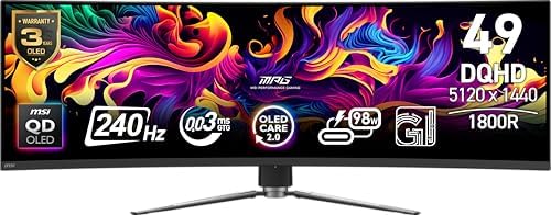 msi MAG 341CQP QD OLED  34 Curved OLED Gaming Monitor  3440 x 1440  UWQHD   0 03ms Response time  175Hz  Adaptive Sync  True Black HDR 400  HDMI  DP Port  USB Type C  Tilt  Height  Black
