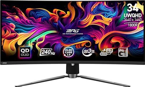 msi MAG 341CQP QD OLED  34 Curved OLED Gaming Monitor  3440 x 1440  UWQHD   0 03ms Response time  175Hz  Adaptive Sync  True Black HDR 400  HDMI  DP Port  USB Type C  Tilt  Height  Black