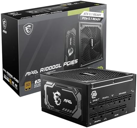 msi MAG A1000GL PCIE5  Fully Modular Compact Gaming 1000W Power Supply  80  Gold  ATX 3 1 & PCIe 5 1 Ready  Native Dual Color 12V 2x6 Cable  10 Year Warranty