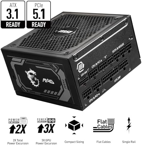 msi MAG A1000GL PCIE5  Fully Modular Compact Gaming 1000W Power Supply  80  Gold  ATX 3 1 & PCIe 5 1 Ready  Native Dual Color 12V 2x6 Cable  10 Year Warranty