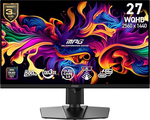msi MPG 271QR QD OLED X50 27 inch 2560 x 1440  QHD  Gaming Monitor  500Hz  AMD Adaptive Sync  HDR Ready  HDMI  VGA Port  VESA Mountable  Tilt  4 Side Slim Bezel  0 03ms  Black