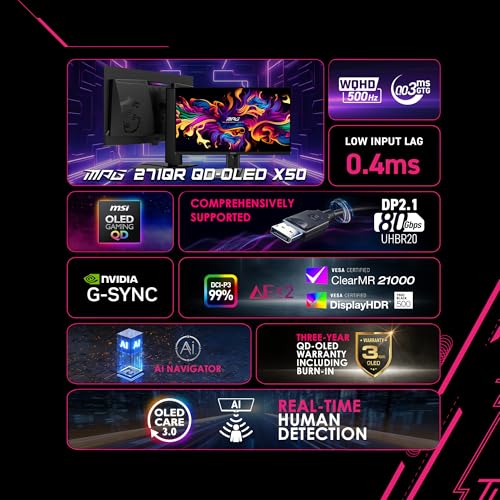 msi MPG 271QR QD OLED X50 27 inch 2560 x 1440  QHD  Gaming Monitor  500Hz  AMD Adaptive Sync  HDR Ready  HDMI  VGA Port  VESA Mountable  Tilt  4 Side Slim Bezel  0 03ms  Black