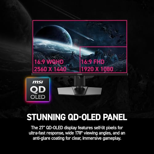 msi MPG 271QR QD OLED X50 27 inch 2560 x 1440  QHD  Gaming Monitor  500Hz  AMD Adaptive Sync  HDR Ready  HDMI  VGA Port  VESA Mountable  Tilt  4 Side Slim Bezel  0 03ms  Black